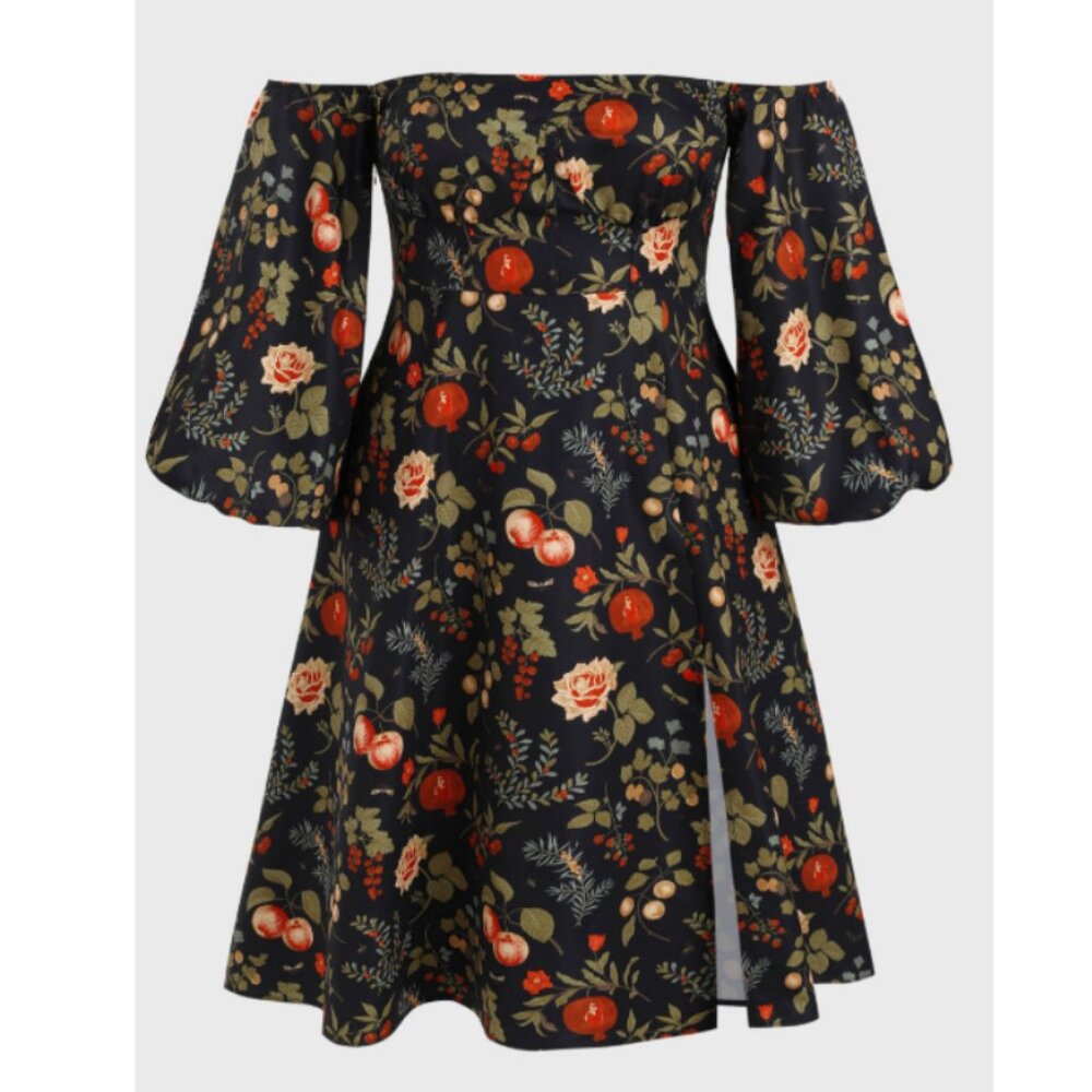 NWT Cider Curve Fruit & Floral On/Off Shoulder Slit Midi Dress 2XL
